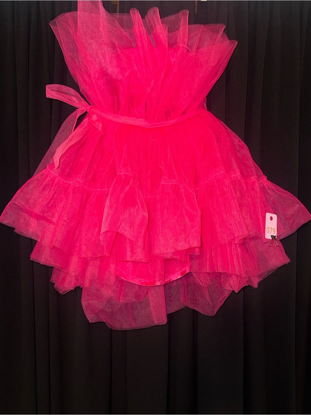 Strapless Hot Pink Tulle Prom Dress with Ruffled Skirt